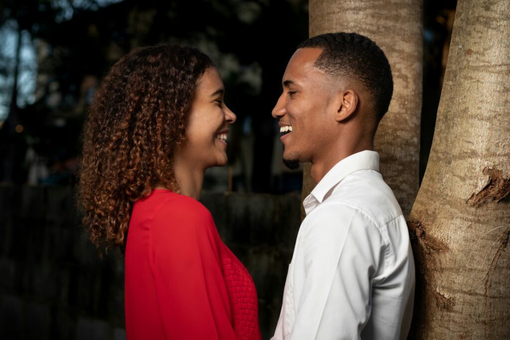 couple looking at each other lovingly and laughing